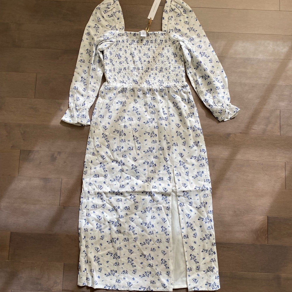 House of Harlow 1960 Linen Smocked Floral Midi dress White Blue Sz S